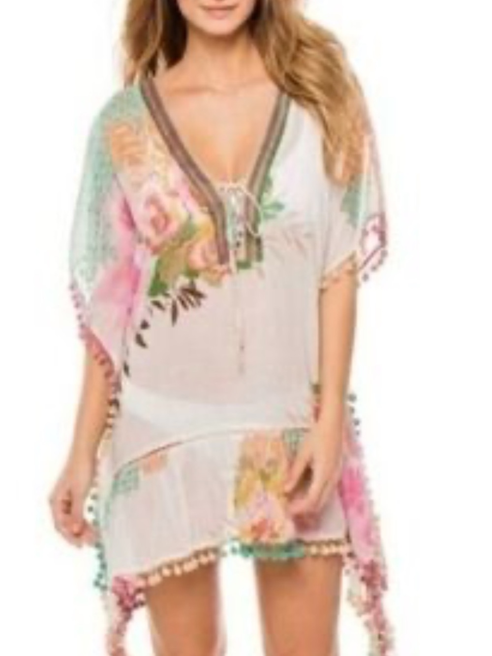 Z&L Gauze Floral Pom-Pom Swim Cover-Up One Size